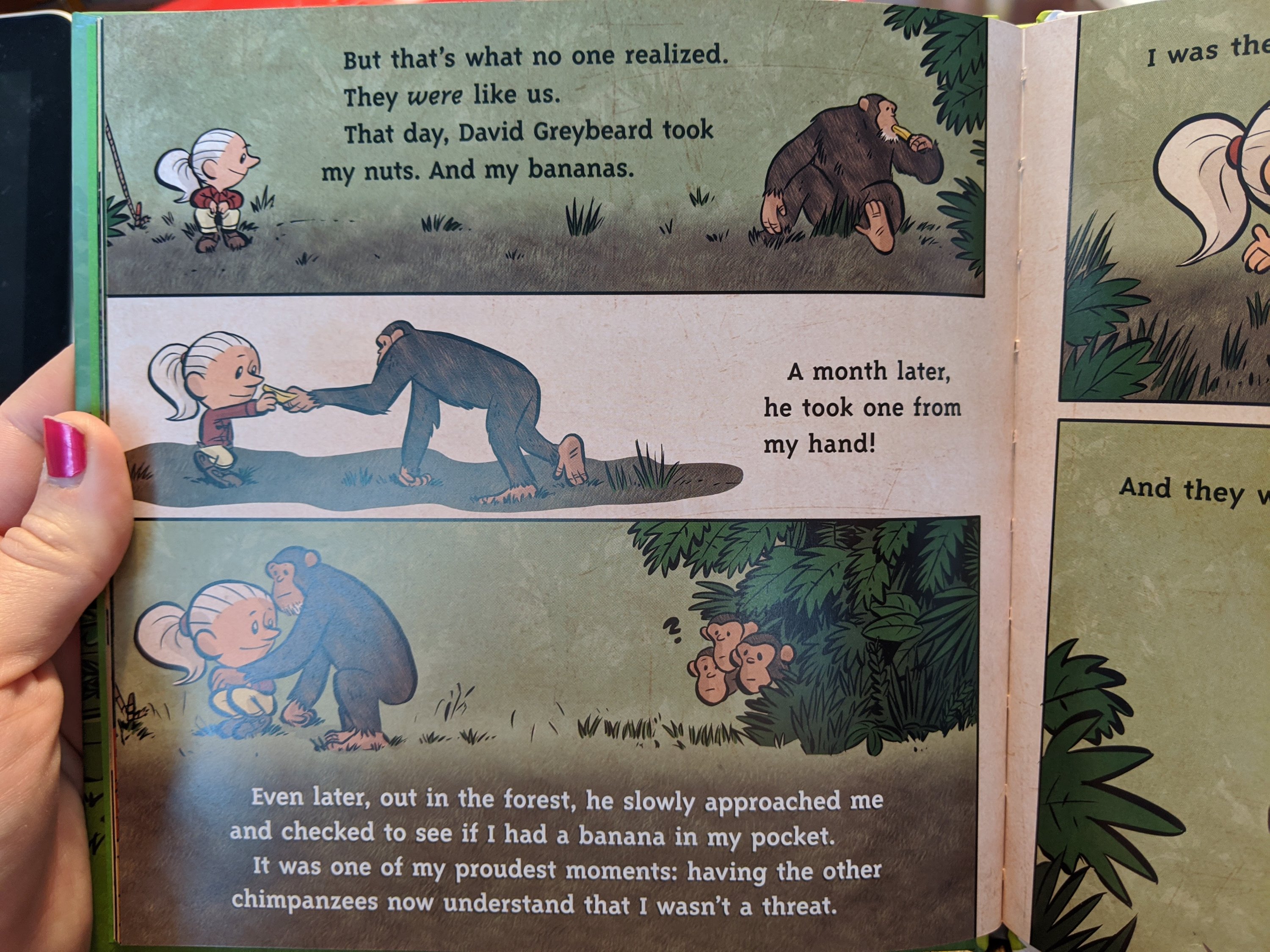 I am Jane Goodall book page about her sharing a banana with an ape from the Ordinary People Change the World Series.
